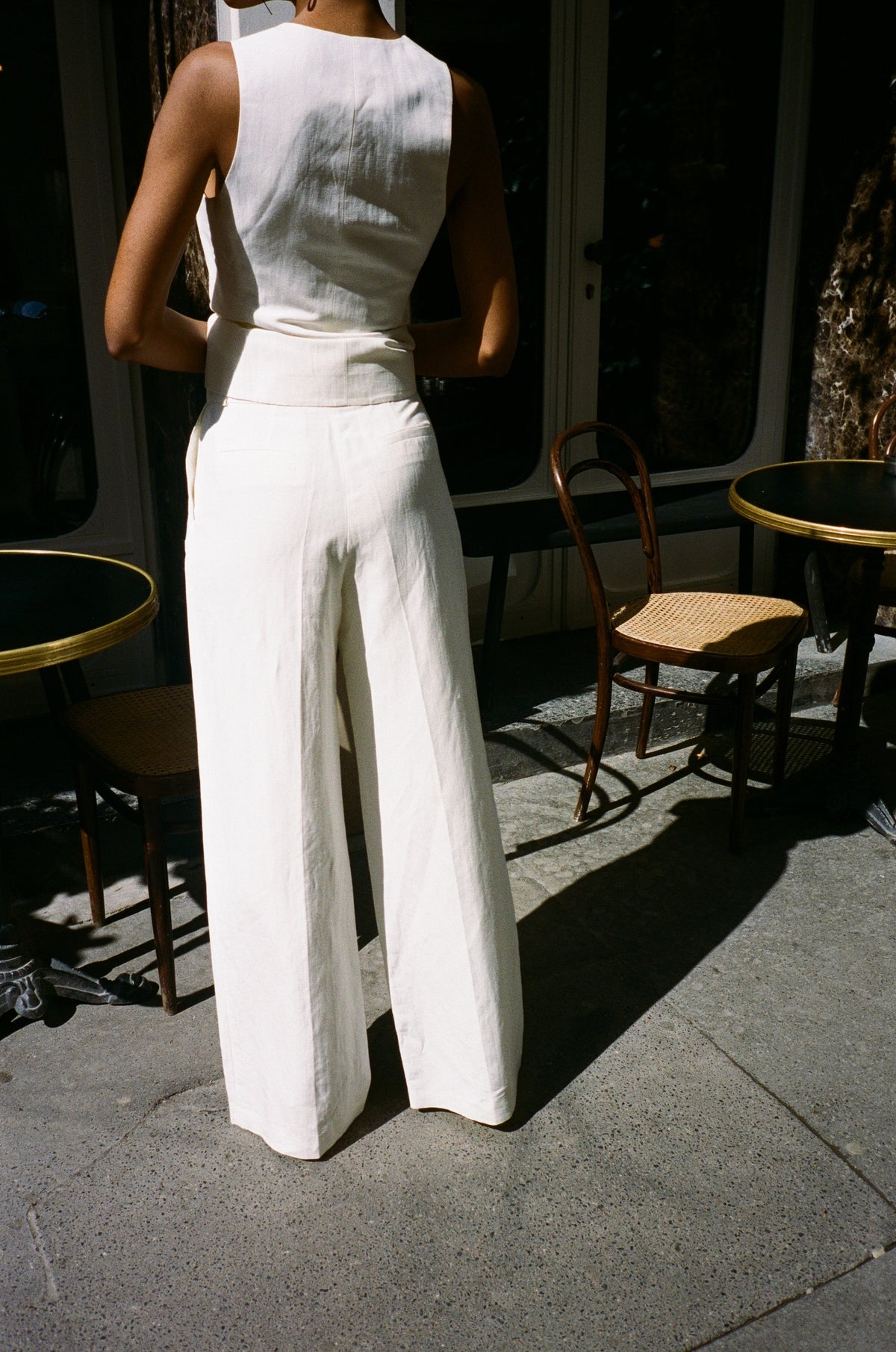 pantalon de tailleur femme toile de lin et soie blanc cassé Made in France par Facettes Studio