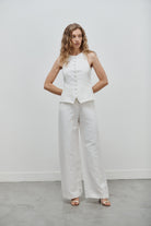 gilet veston de tailleur femme toile de lin et soie blanc cassé Made in France par Facettes Studio