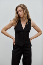 gilet veston de tailleur femme gabardine de laine noire Made in France par Facettes Studio