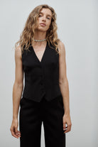 gilet veston de tailleur femme gabardine de laine noire Made in France par Facettes Studio