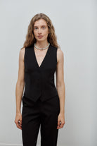 gilet veston de tailleur femme gabardine de laine noire Made in France par Facettes Studio