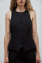 gilet de costume femme grain de poudre et boutons de satin noir Made in France par Facettes Studio