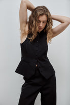 gilet de costume femme grain de poudre et boutons de satin noir Made in France par Facettes Studio