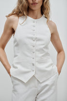 gilet veston de tailleur femme toile de lin et soie blanc cassé Made in France par Facettes Studio