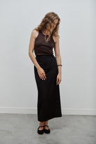 jupe longue tailleur en gabardine de laine noire Made in France par Facettes Studio