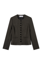 veste cintrée col rond femme en flanelle de laine vert forêt et boutons de velour noir Made in France par Facettes Studio