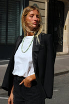veste smoking femme col satin noir et grain de poudre en laine made in France par Facettes Studio