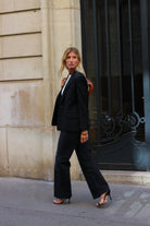 veste smoking femme col satin noir et grain de poudre en laine made in France par Facettes Studio