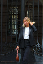 veste smoking femme col satin noir et grain de poudre en laine made in France par Facettes Studio